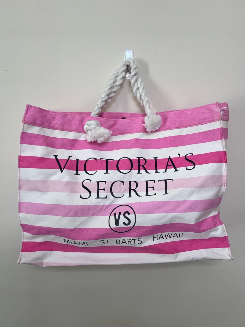 Victoria's Secret Pink and White Striped Rope-Handle Tote
